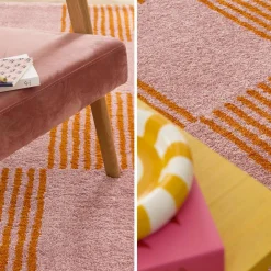 Interior checkered rug orange and pink