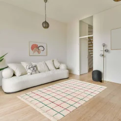 Interior rug shaggy multicoloured check pattern with fringes