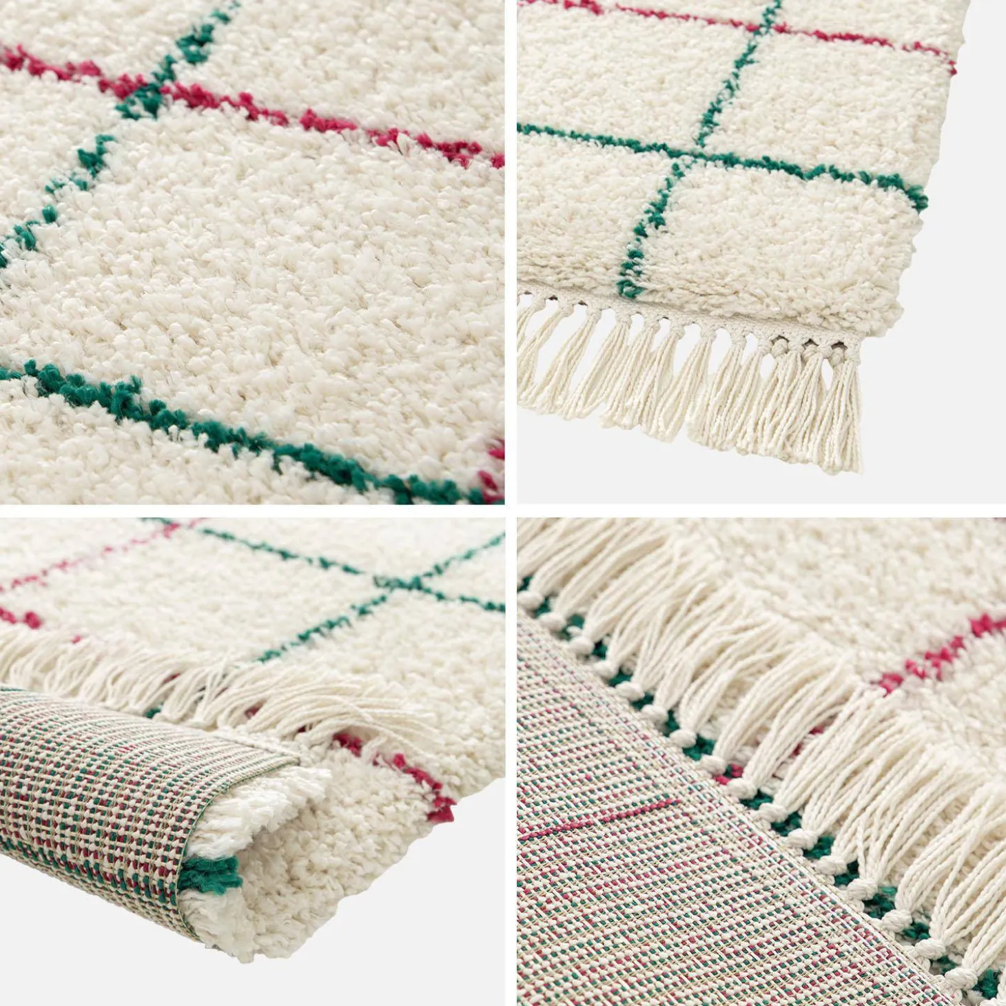 Interior rug shaggy multicoloured check pattern with fringes