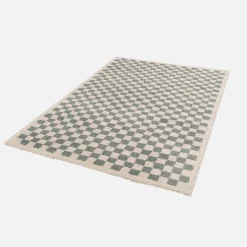 Light blue and cream checkerboard interior rug