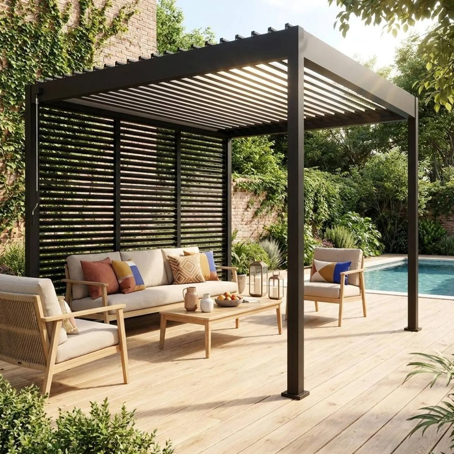 Louvered pergola aluminium 3 x 3m V2 and 3 100cm louver panels