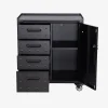 Low storage cabinet for garages with 4 drawers and a door