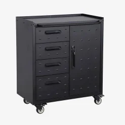 Low storage cabinet for garages with 4 drawers and a door