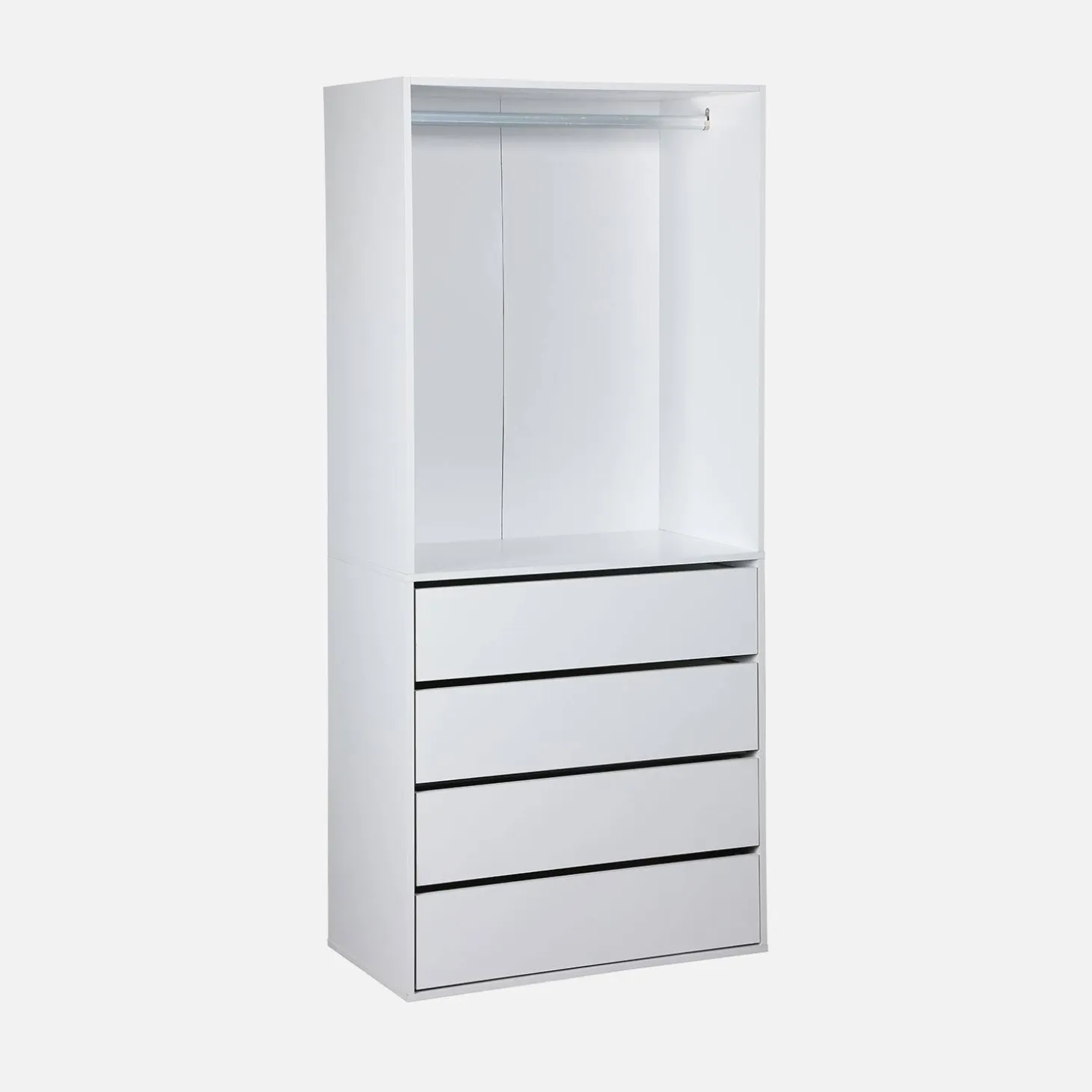 Modular open wardrobe drawer and rail unit