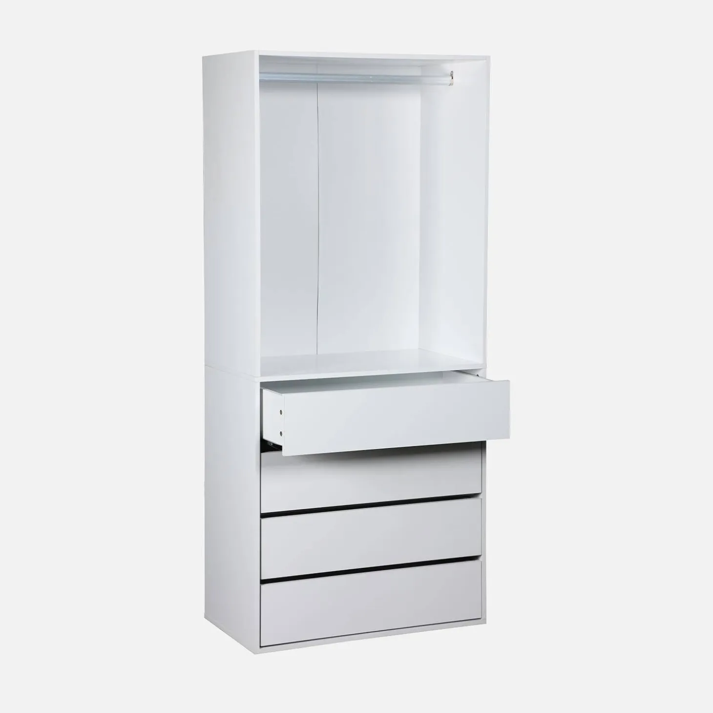 Modular open wardrobe drawer and rail unit