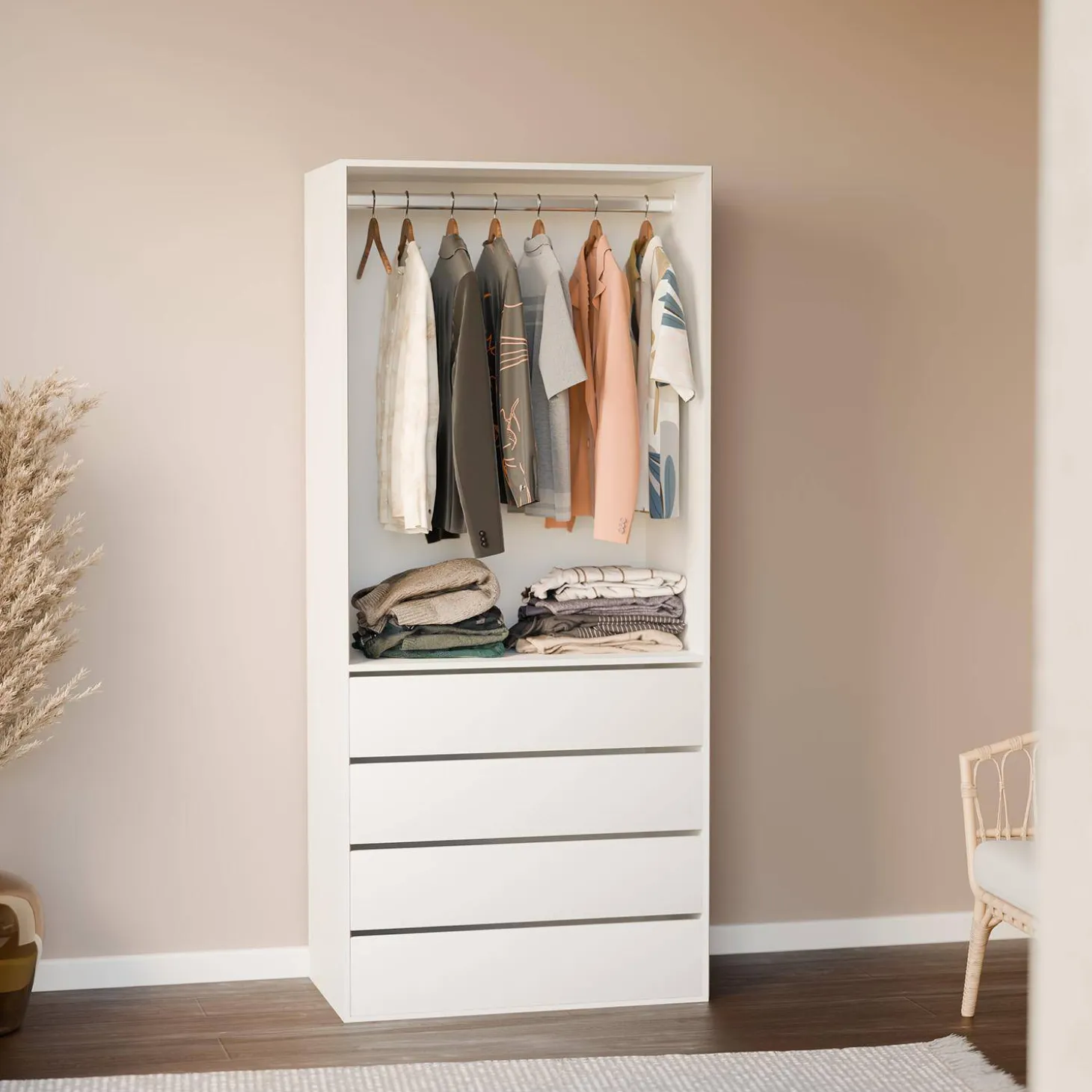Modular open wardrobe drawer and rail unit