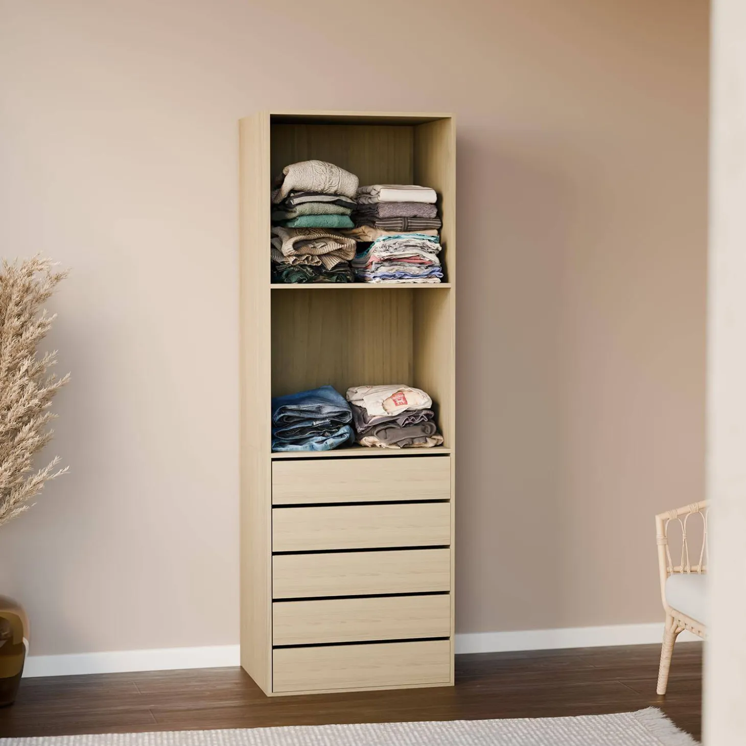 Modular open wardrobe drawer and shelf unit