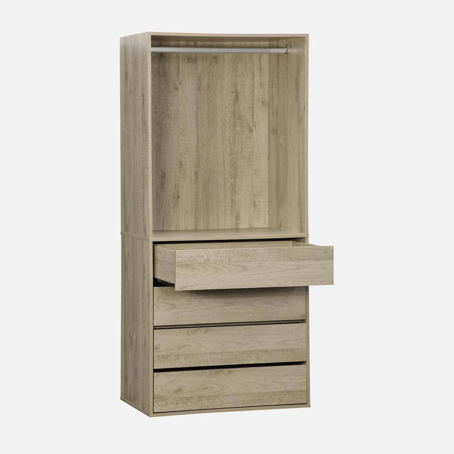 Modular open wardrobe drawer and rail unit