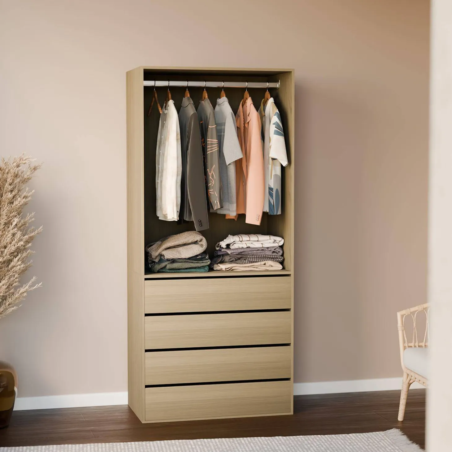 Modular open wardrobe drawer and rail unit