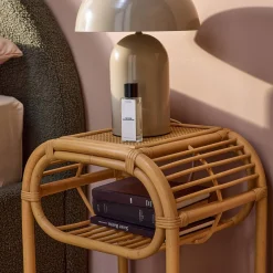 Natural curved rattan bedside table 1 shelf 1 cubby