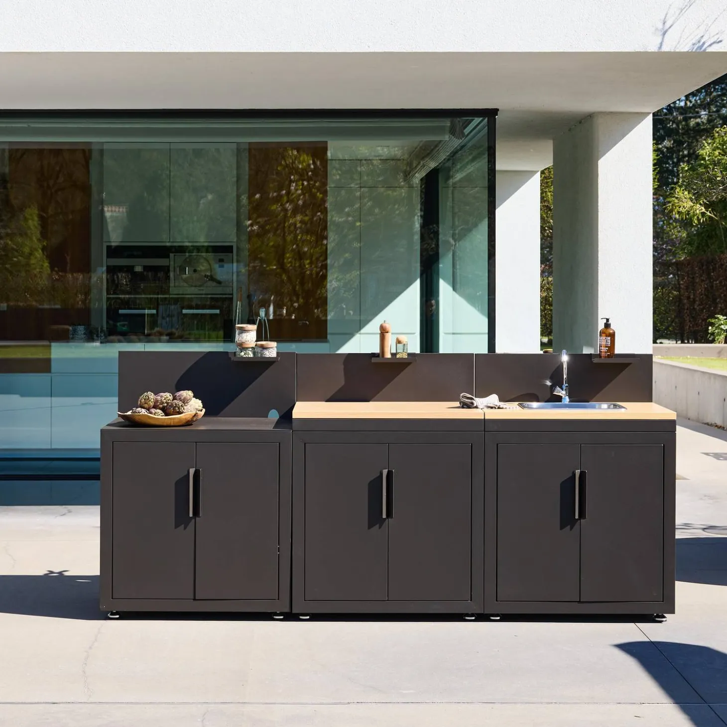 Outdoor kitchen 3 modules steel and wood decor