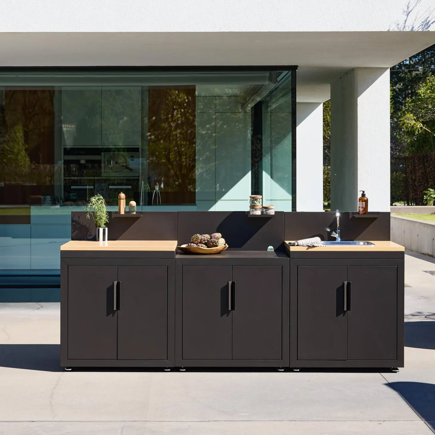 Outdoor kitchen 3 modules steel and wood decor