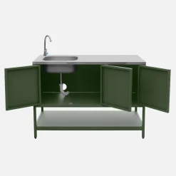 Outdoor kitchen with charcoal barbecue and 2 modules with sink