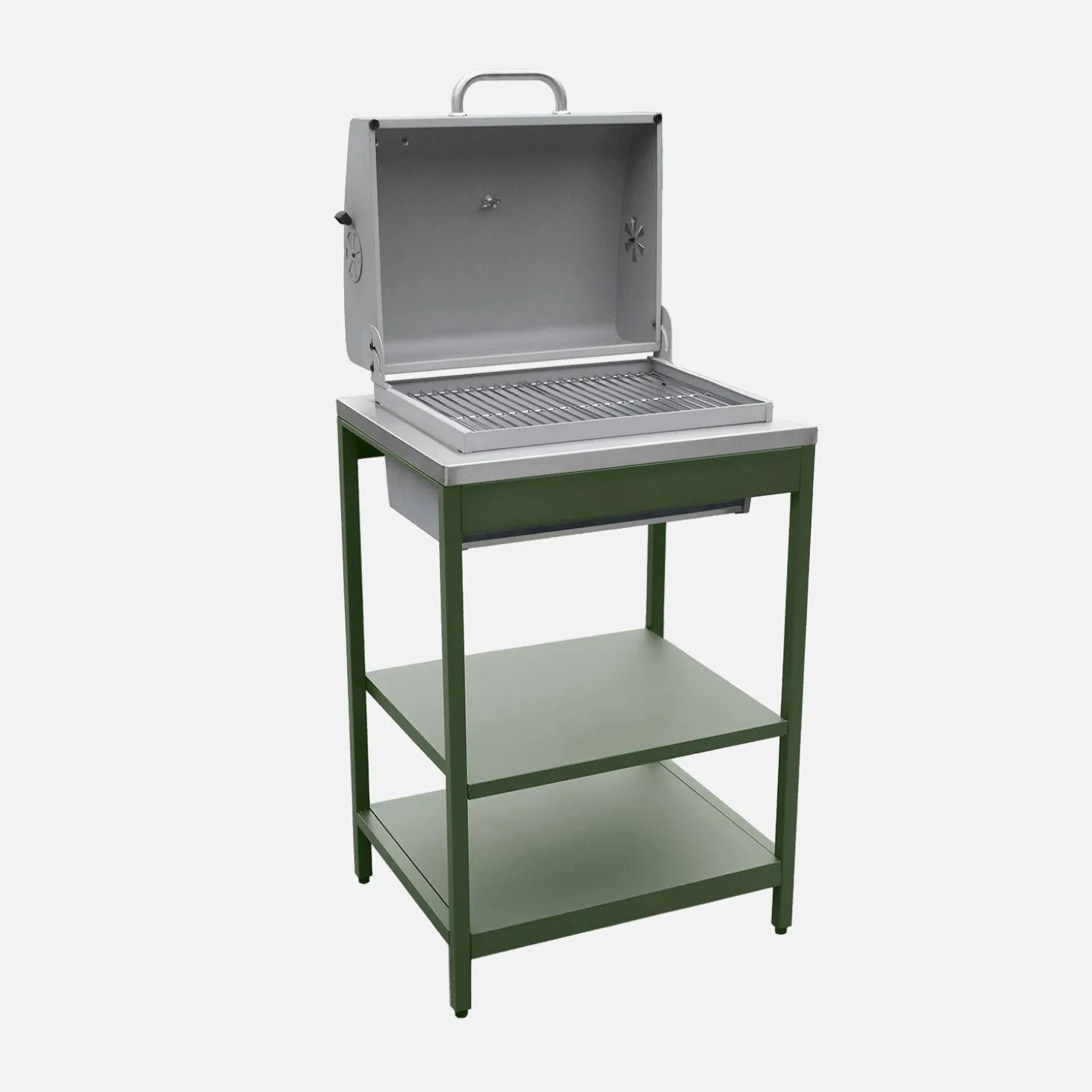 Outdoor kitchen with charcoal barbecue and 2 modules with sink