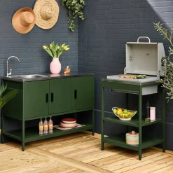 Outdoor kitchen with charcoal barbecue and 2 modules with sink
