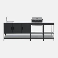 Outdoor kitchen with charcoal barbecue and 3 modules with sink