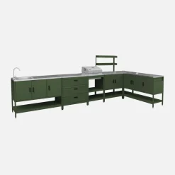 Outdoor kitchen with charcoal barbecue and 5 modules with sink
