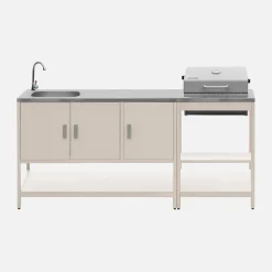 Outdoor kitchen with charcoal barbecue and 2 modules with sink