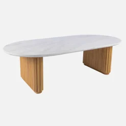 Oval coffee table in rubberwood with stone effect veneer
