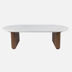 Oval coffee table in rubberwood with stone effect veneer
