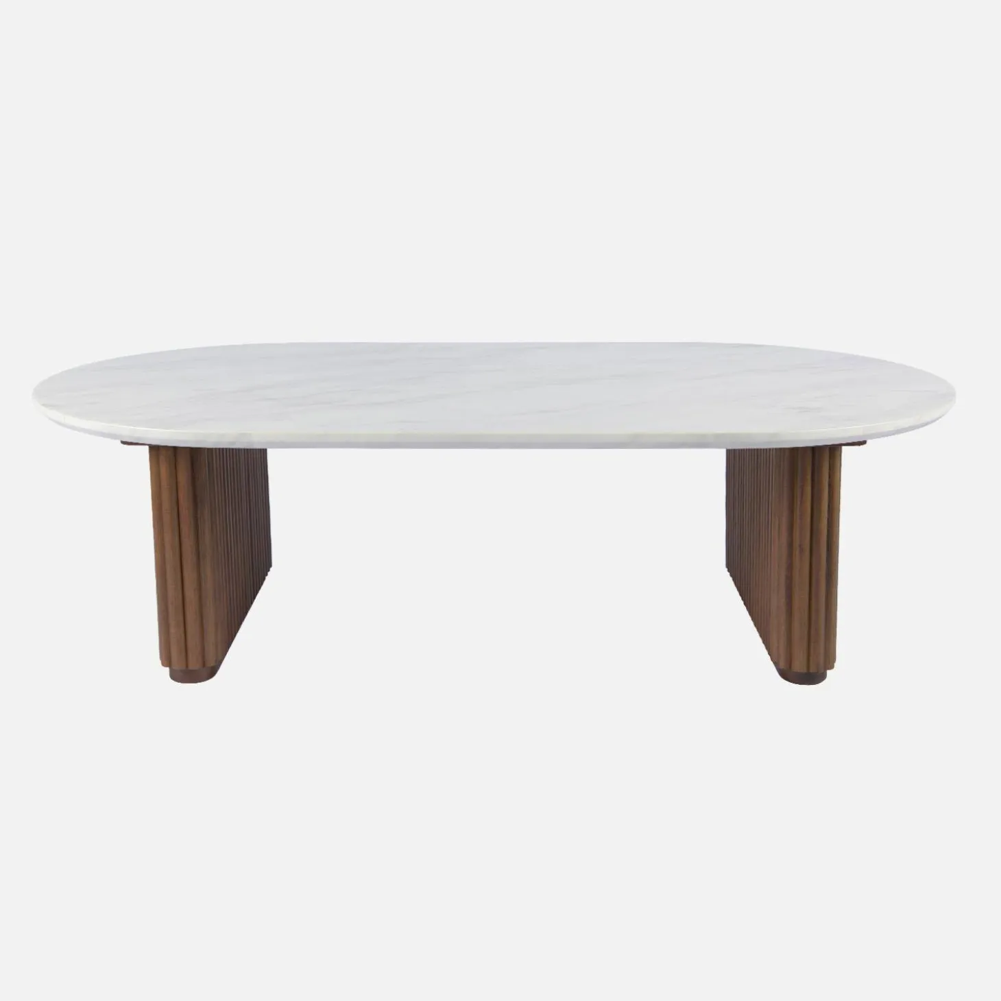 Oval coffee table in rubberwood with stone effect veneer