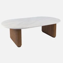 Oval coffee table in rubberwood with stone effect veneer