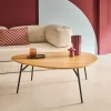 Oval coffee table with black metal legs and oak effect