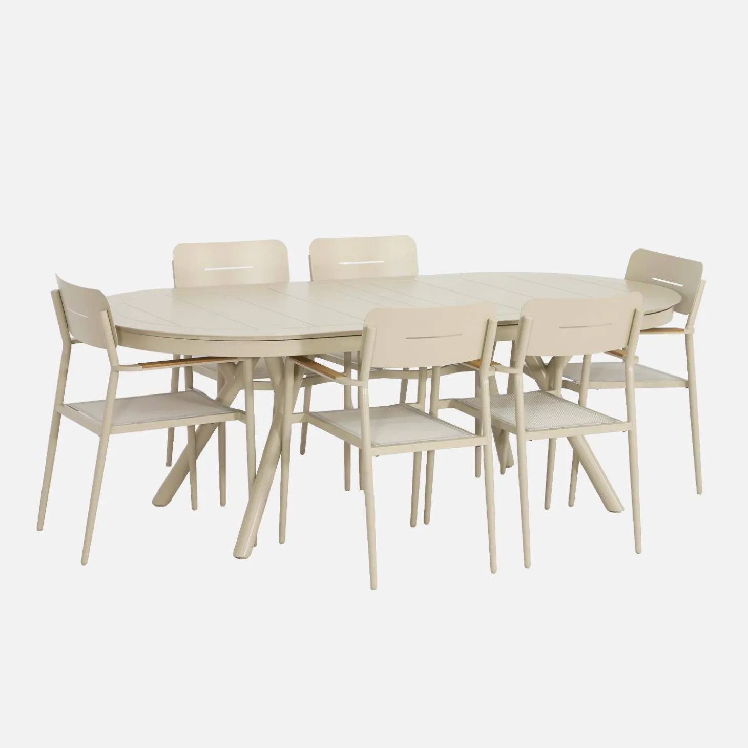 Oval extendable garden table 220/280cm + 6 armchairs, aluminium