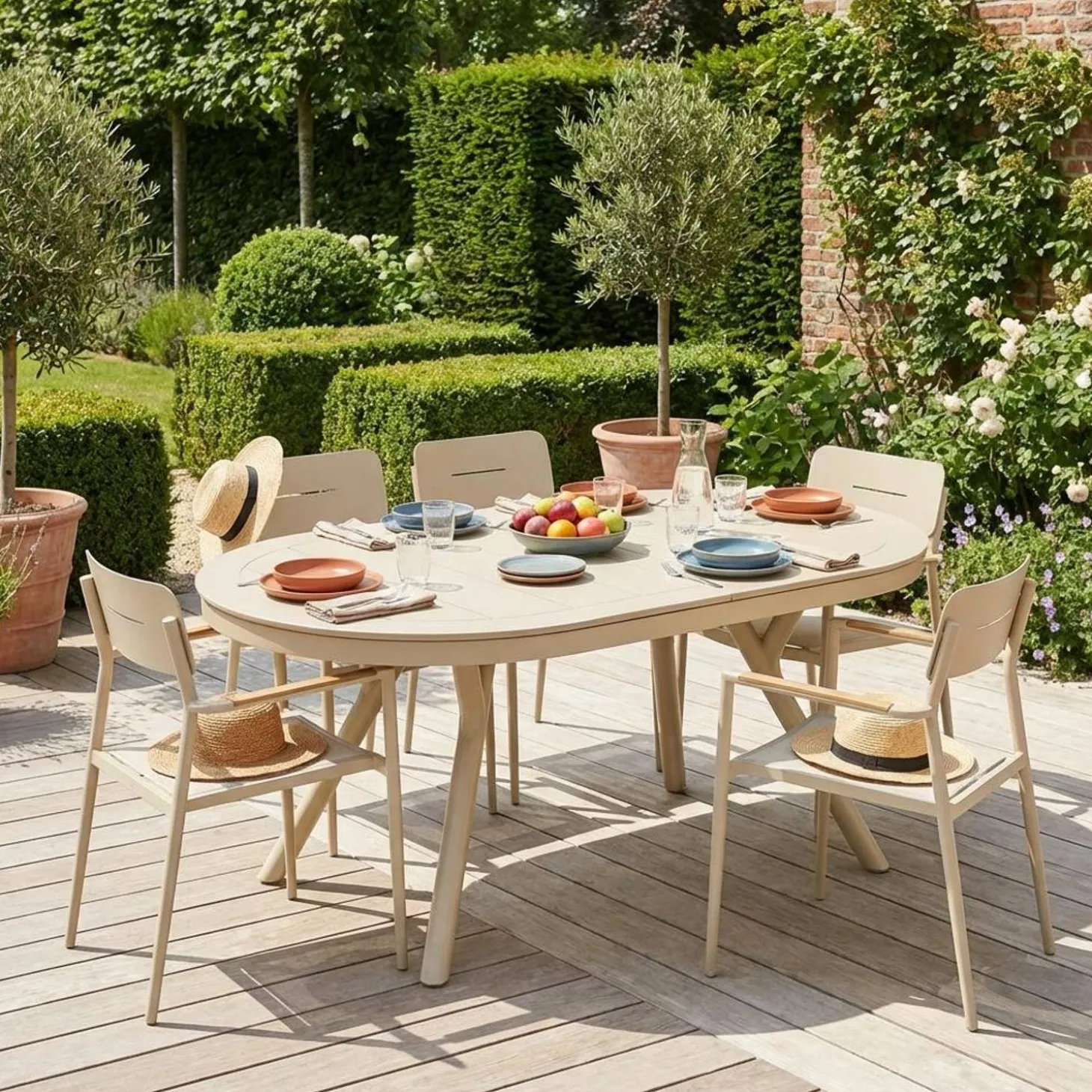 Oval extendable garden table 220/280cm + 6 armchairs, aluminium