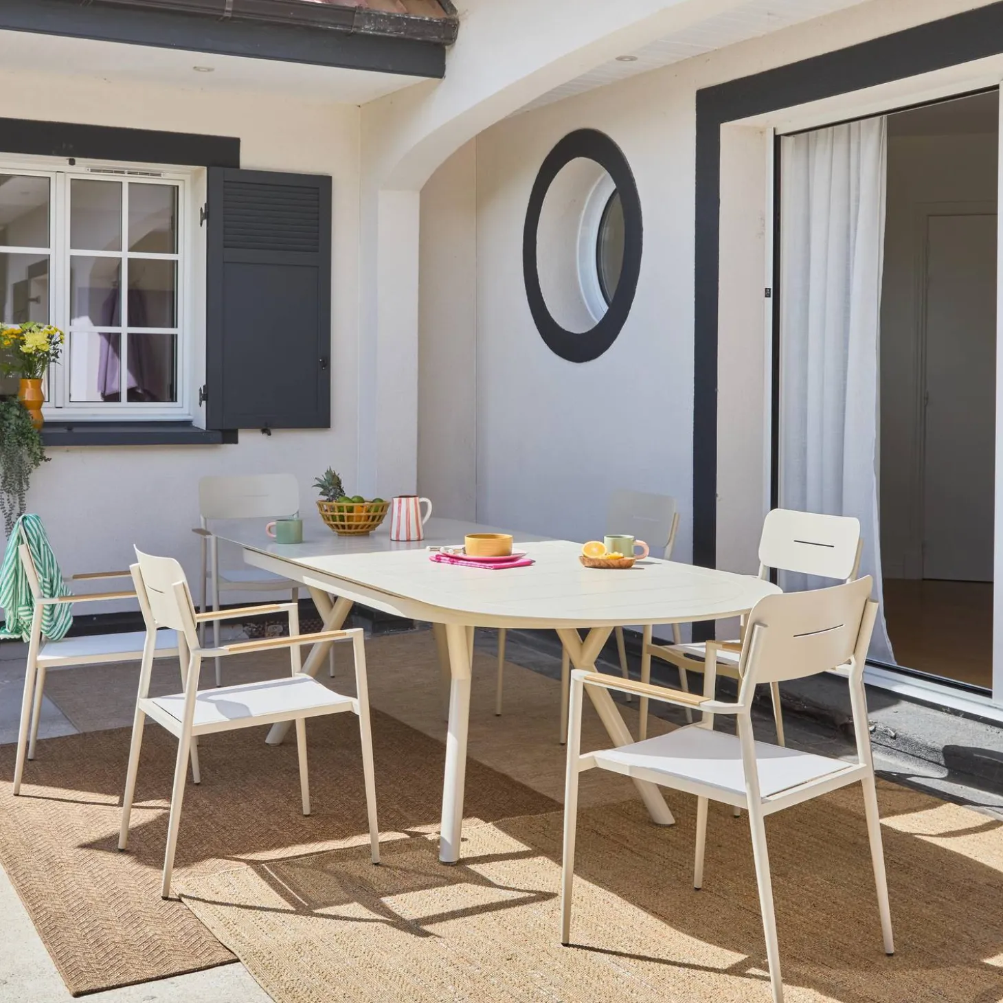 Oval extendable garden table 220/280cm + 6 armchairs, aluminium