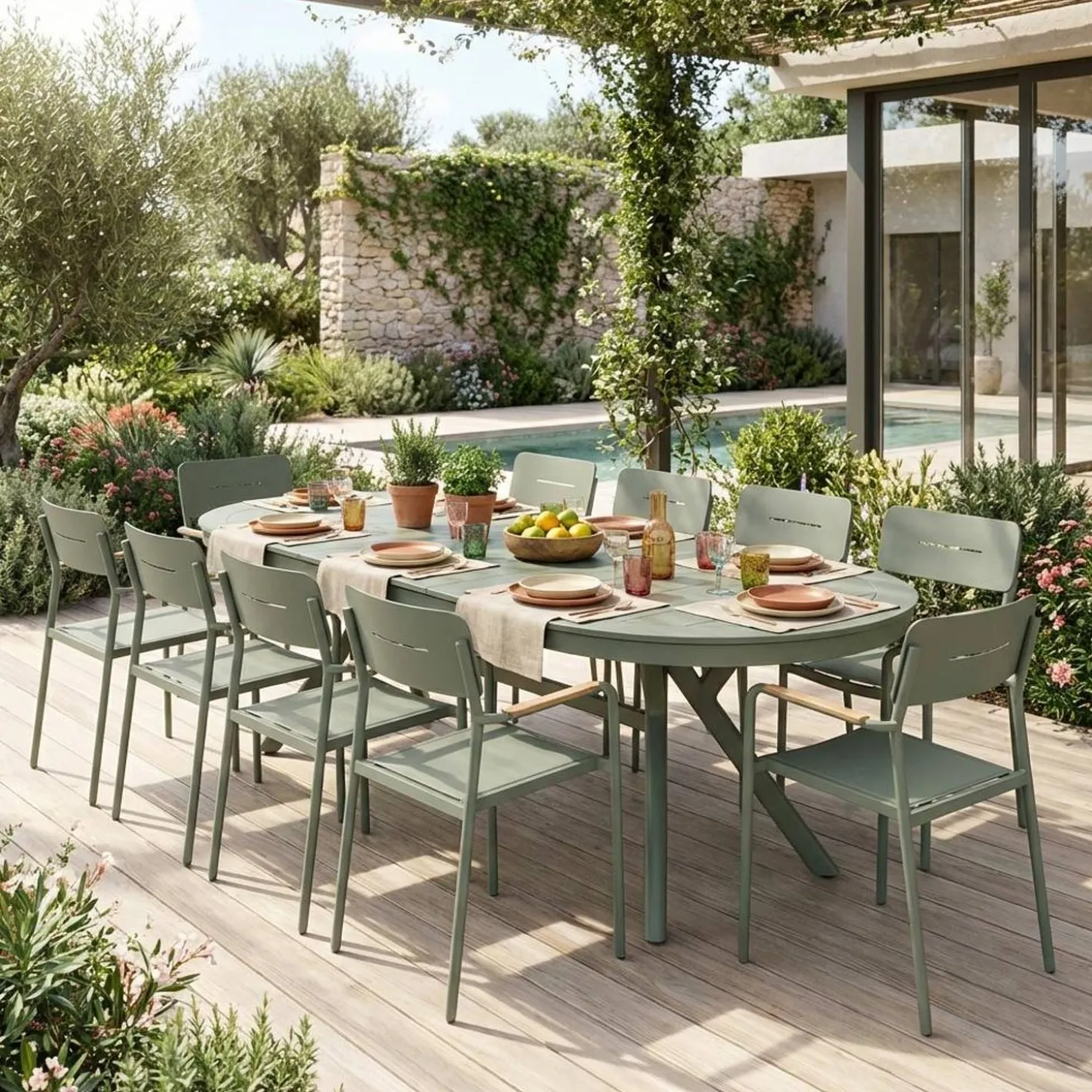 Oval extendable garden table aluminium + 10 armchairs