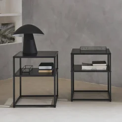 Pair of 2 black metal bedside table with shelf