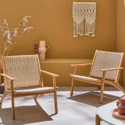 Pair of chairs in acacia wood and resin