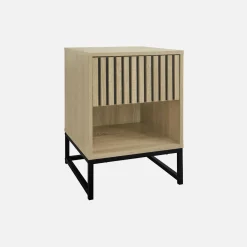Pair of contemporary bedside tables with wood decor
