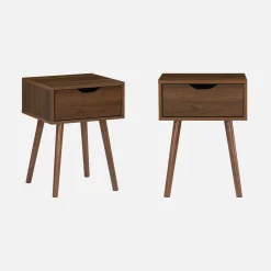 Pair of 1-drawer walnut stained wood bedside tables