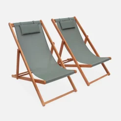 Pair of eucalyptus deck chairs with headrest cushions