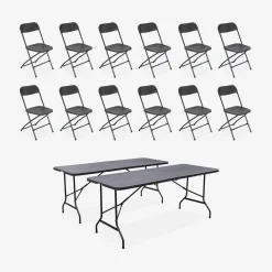 Pair of folding plastic reception tables with 12 chairs