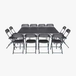 Pair of folding plastic reception tables with 12 chairs