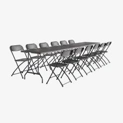 Pair of folding plastic reception tables with 12 chairs