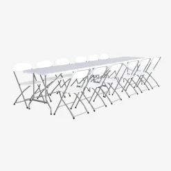 Pair of folding plastic reception tables with 12 chairs
