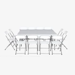 Pair of folding plastic reception tables with 12 chairs
