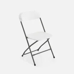Pair of folding plastic reception tables with 12 chairs