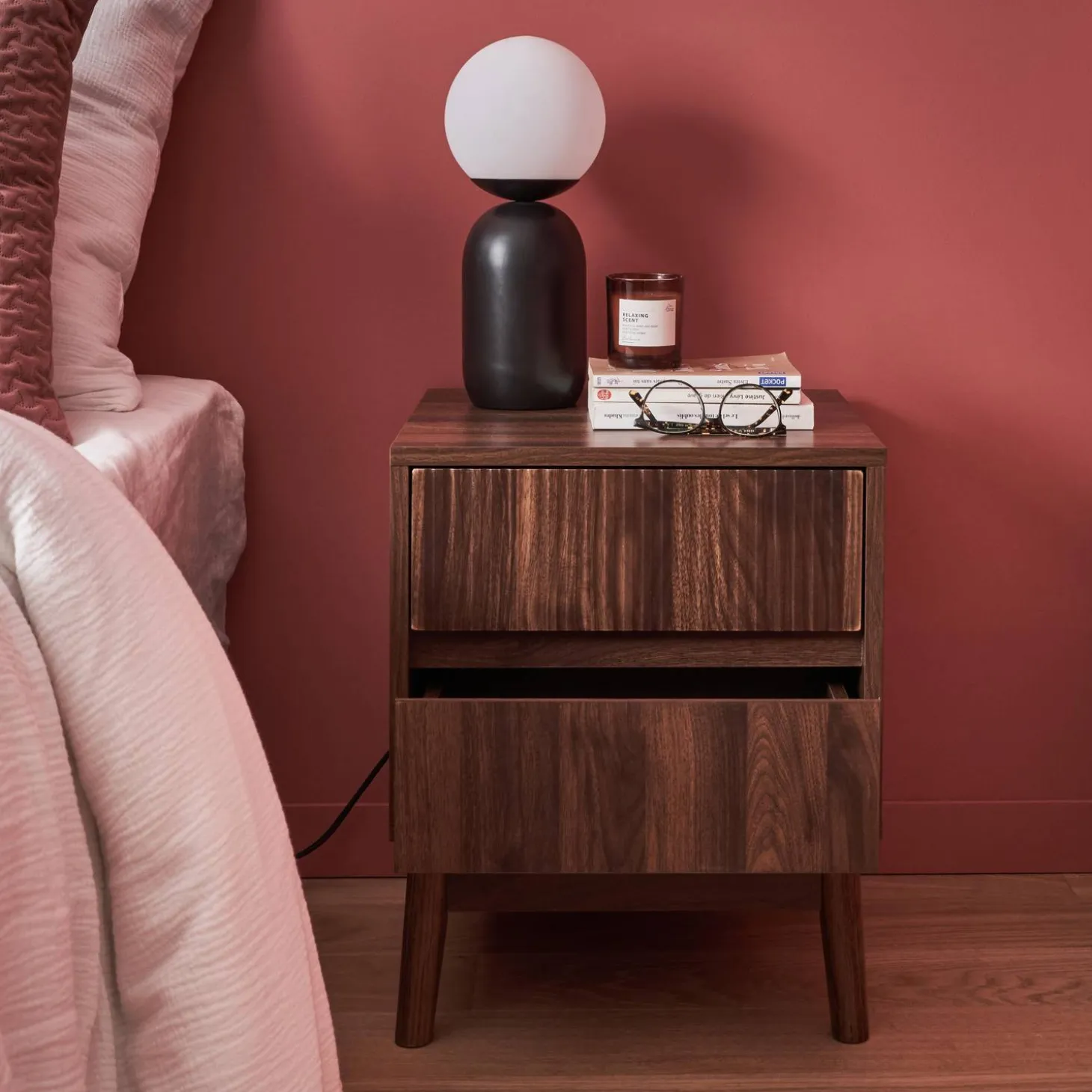 Pair of grooved bedside tables with wooden effect
