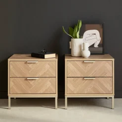 Pair of herringbone bedside tables with 2 drawers