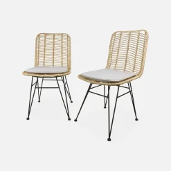 Pair of high-backed rattan dining chairs