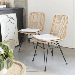 Pair of high-backed rattan dining chairs