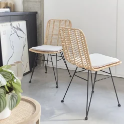 Pair of high-backed rattan dining chairs