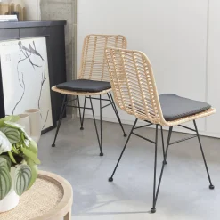 Pair of high-backed rattan dining chairs