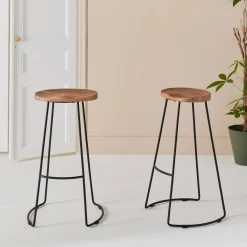 Pair of industrial metal and wooden bar stools