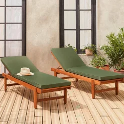 Pair of multi-position wooden sun loungers with wheels